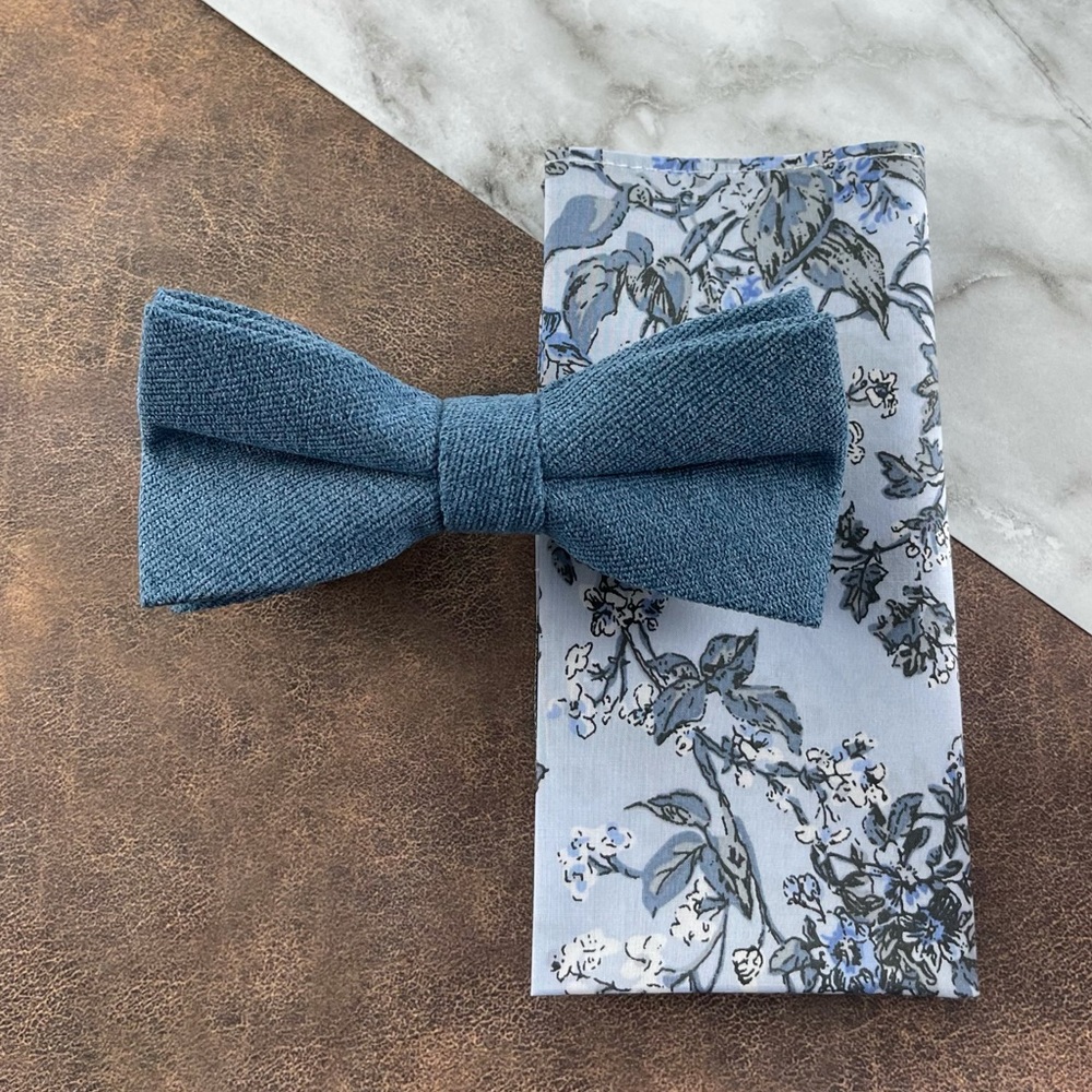 Men’s Steel Blue Velour Bow Tie w/ Light Blue Floral Pocket Square